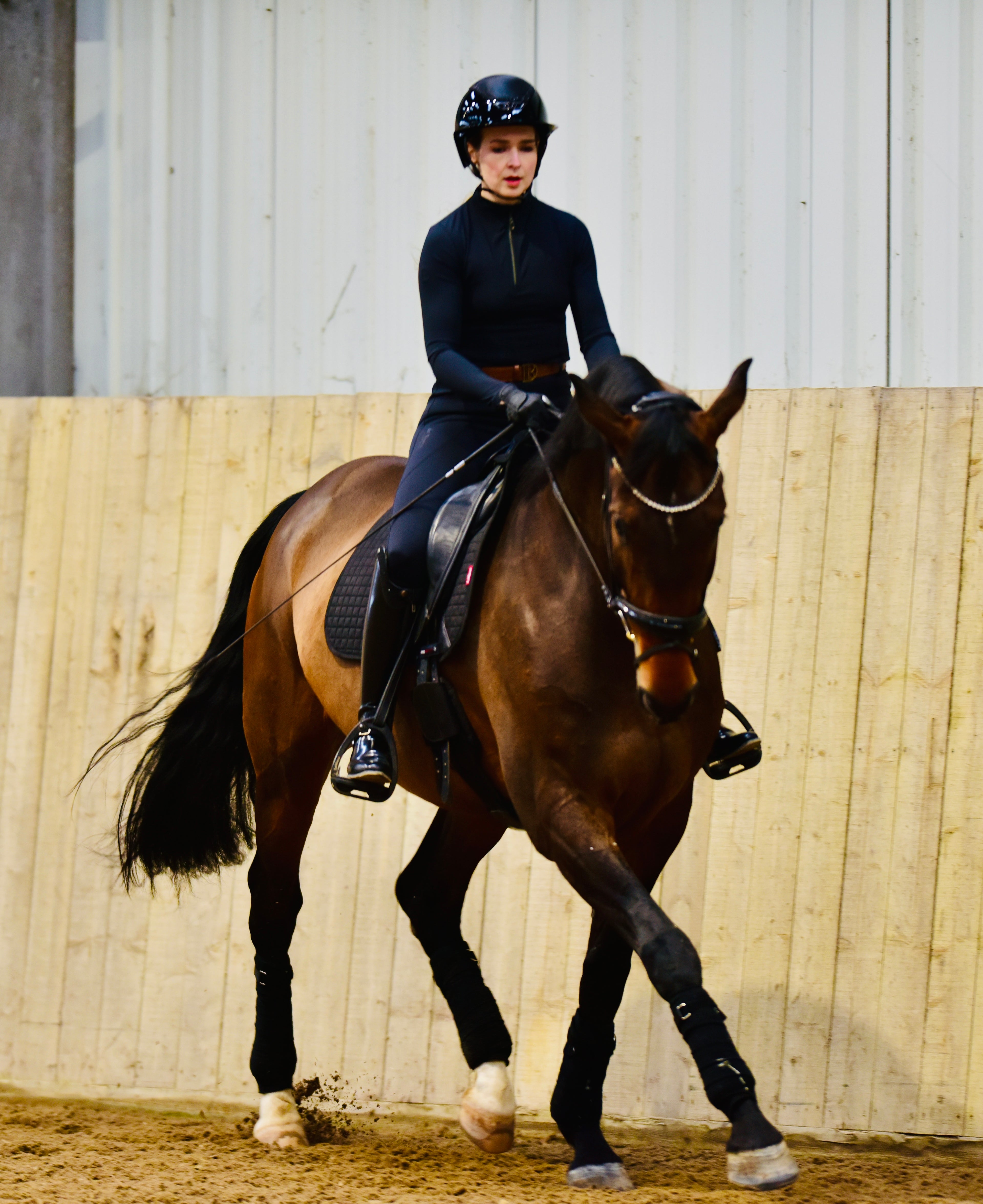 Person riding a horse in an indoor arena with a wooden wall.